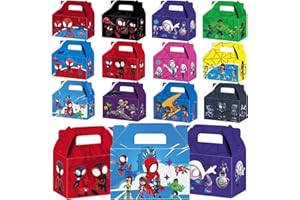 QWAERPLPN 24Pack Spidey Friends Party Gift Boxes Spider Party Favor Supplies Cartoon Treat Gift Boxes with Handles for Spidey Party Decorations (12style)