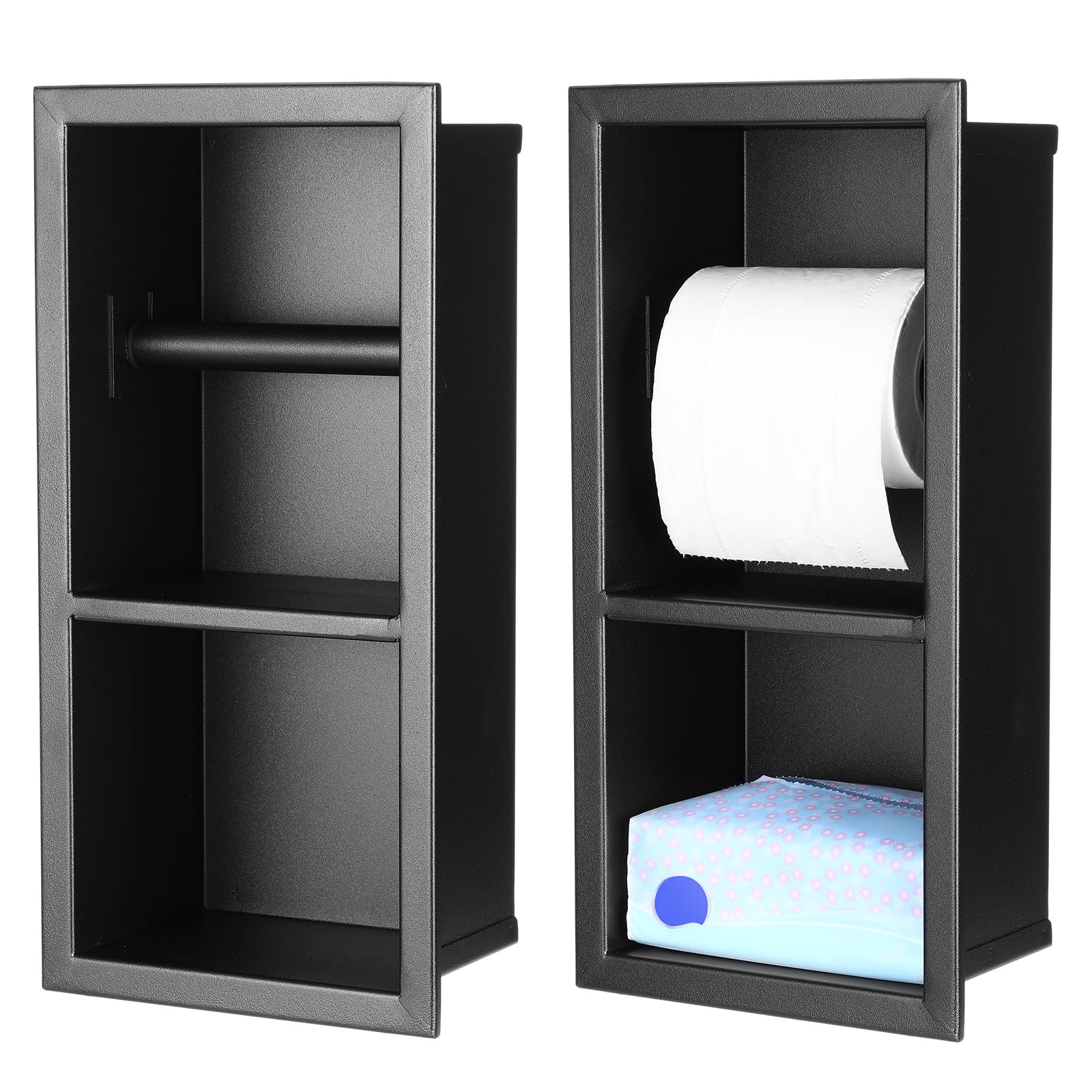 Photo 1 of Honeydak Recessed Toilet Paper Holder 304 Stainless Steel Tissue Paper Holder Bathroom Storage in Wall Tissue Toilet Roll Frame Space Saving Restroom Napkin Frame (Black,1 Pcs)