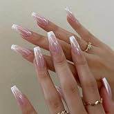 Qsnidy Pearlescent Press on Nails - Glazed White French, Medium Coffin | Chrome French Pink Fake Nails, Acrylic Press Ons for Women, Natural Fit, Glue on Nails in 12 Sizes - 24 Pieces Set