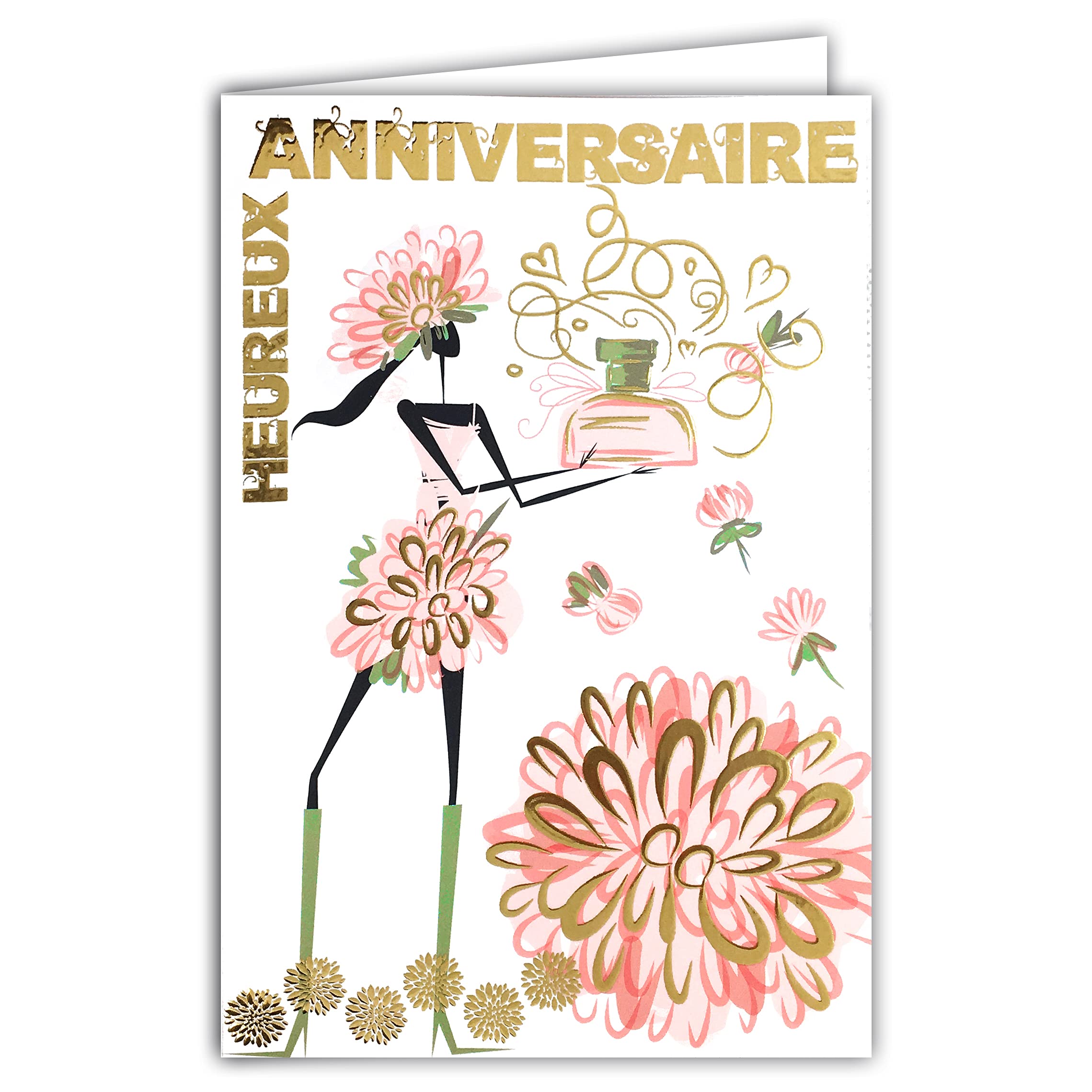 AFIE 69-7066 Happy Birthday Card Woman Girl Mom Mother Flowers Perfume Bottle Rose Black and Gold Gold Party Wish Shiny Chic Fashionable