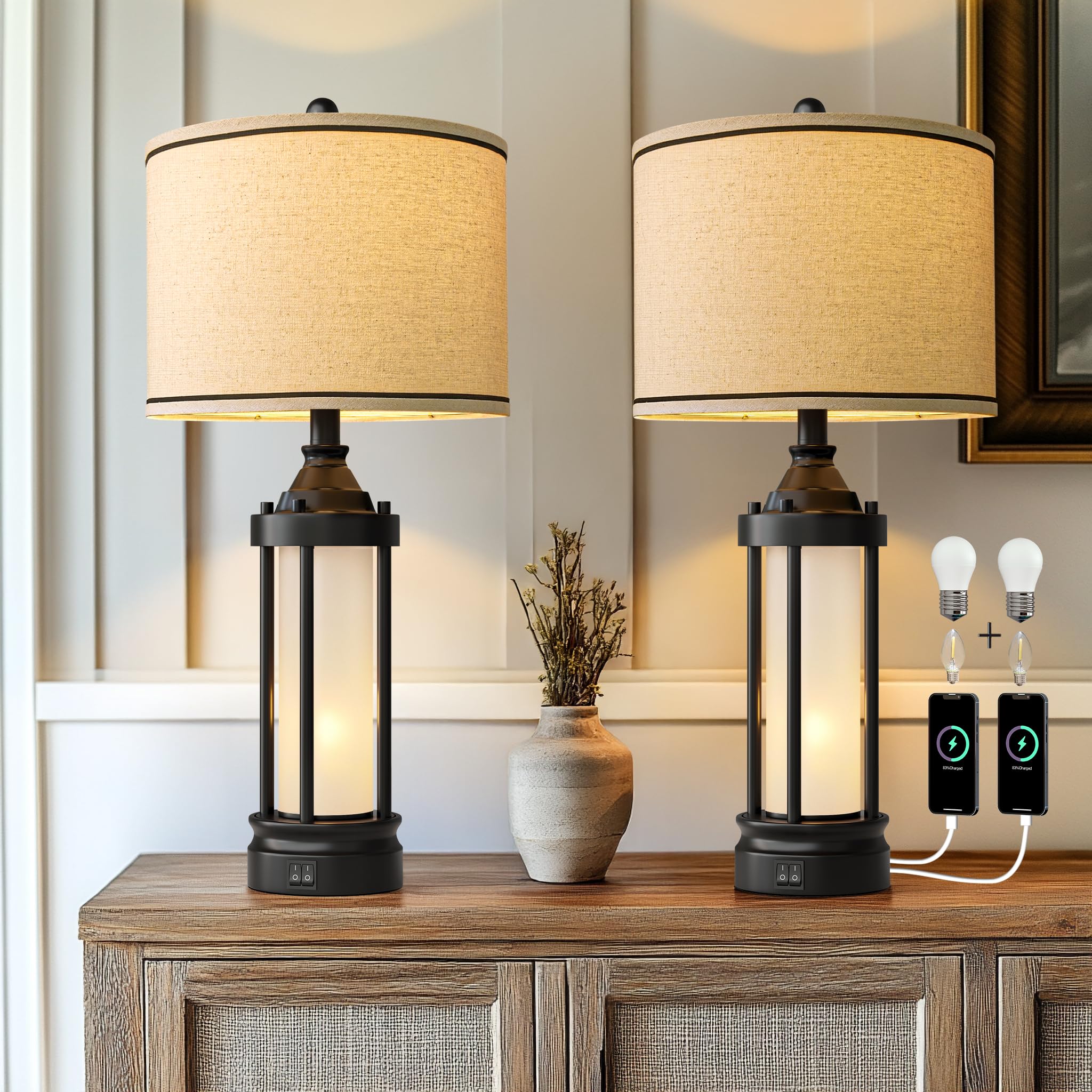 Photo 1 of 25'' Table Lamps for Bedroom Living Room Lamps Set of 2 Farmhouse Nightstand Bedside Lamps with USB Ports, Built-In Frosted Glass Night Light Industrial Metal Night Stand Lamp, Bulbs Included, Black