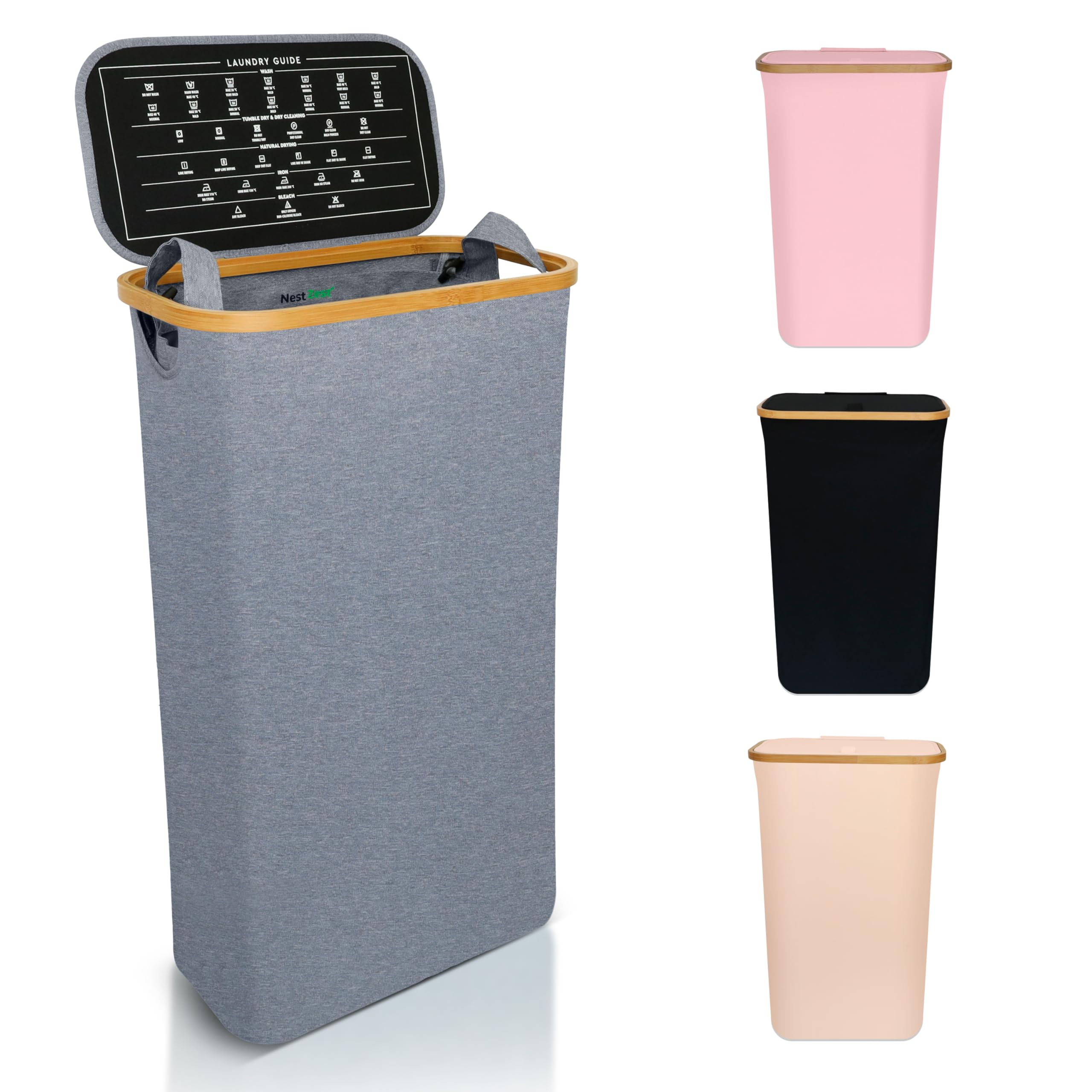 Nest Zest 60L Slim Laundry Basket with Lid, Washing Basket for Laundry, Hamper style Linen Bin with Care Guide & Removable Inner Bag, Dirty Clothes Bin with Sturdy Bamboo Rim and Oxford Fabric (Grey)