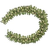 HiBean Christmas Garland 9 FT by 12 Inch,Pre-lit Garland with 50 Warm Lights, Classic Green Christmas Garland with 340 Branch Tips for Mantle, Fireplace, Stairs Railing, Front Door
