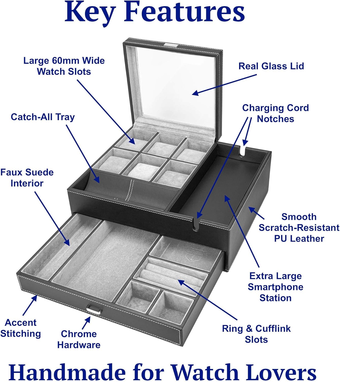 HOUNDSBAY Commander Dresser Valet Watch Box Case & Mens Jewelry Box Organizer with Smartphone Charging Station (Black/Gray): Home Improvement