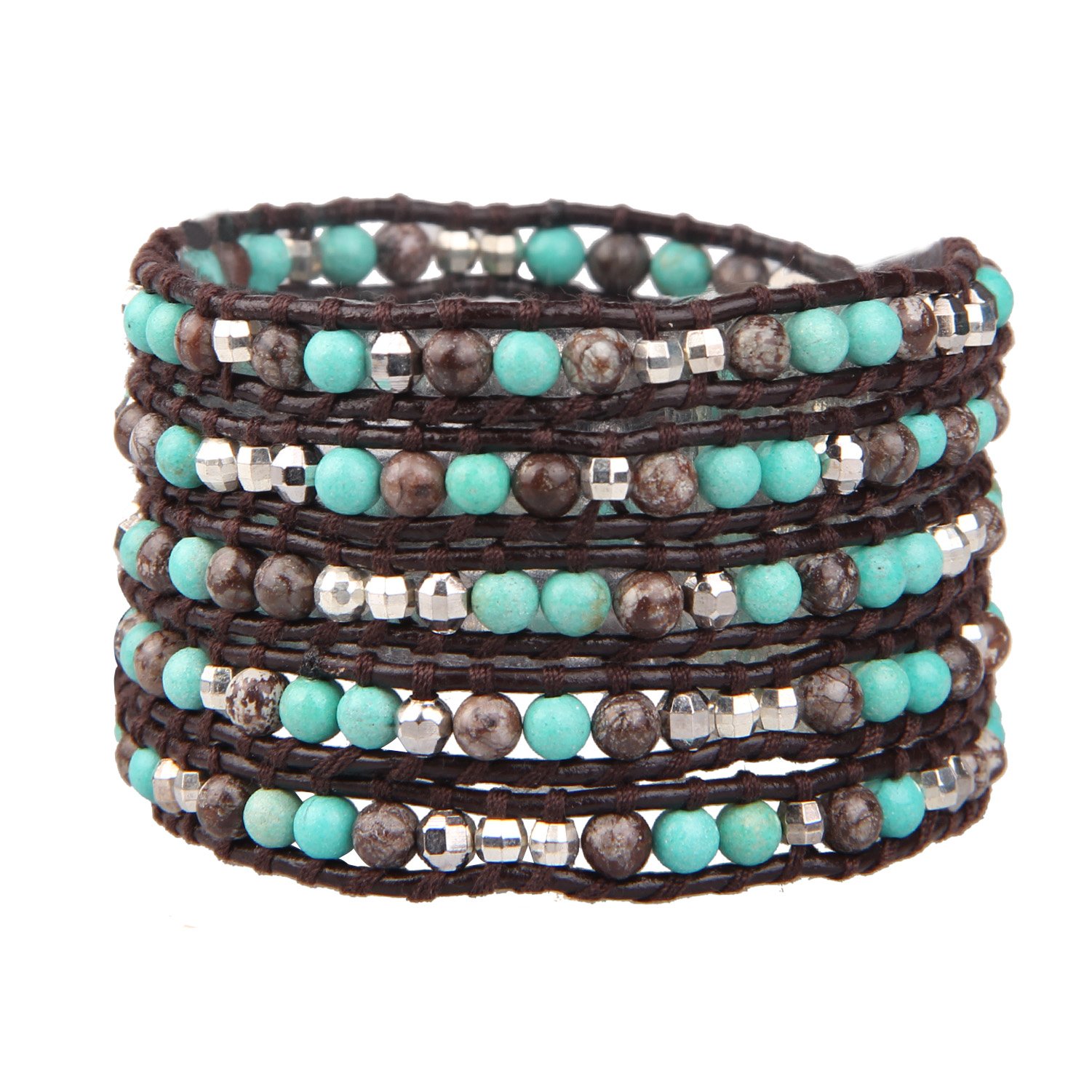 KELITCH 5 Wrap Leather Bracelet Turquoise Mixed Beaded Strand Bracelet Handmade Bohemian Jewelry for Women (Turquoise Coffee)
