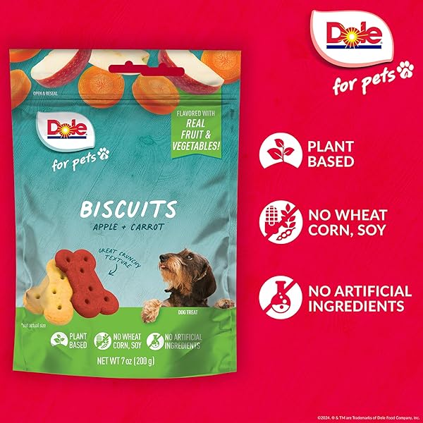 DOLE FOR PETS DOG BISCUITS ASSORTED APPLE + CARROT MIX, REAL FRUIT AND VEGETABLE FLAVOR VEGAN CRUNCHY TREATS, NO WHEAT CORN SOY OR ARTIFICIAL ADDITIVES, BITE SIZE TRAINING SNACKS FOR DOGS, 7 OZ