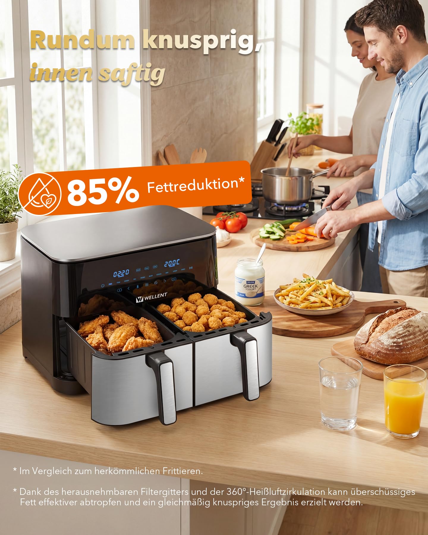Heißluftfritteuse 2 Kammern, 2600W 11L Airfryer XXL(4+7L) WELLENT 10-in-1 Heissluftfritteuse Doppelkammer Air fryer Dual Zone mit Touchscreen, Match & Synchronisierungsfunktion, spülmaschinenfest 8