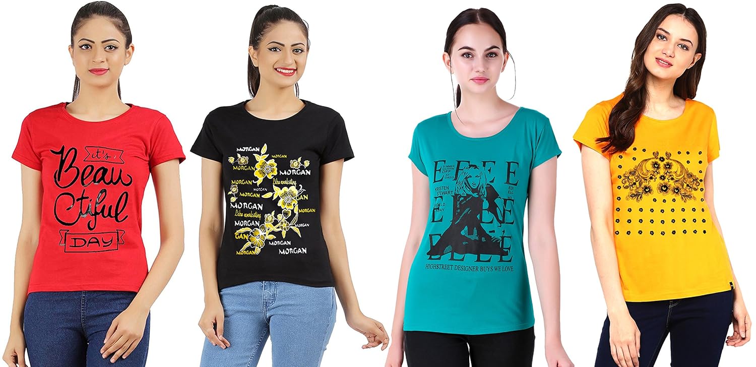 nivik women's round neck summer wear printed cotton t-shirts combo of 4