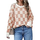 Uyvora Women's Winter Oversized Sweaters Checkered Crewneck Color Block Batwing Long Sleeve Ribbed Knit Side Slit Pullover