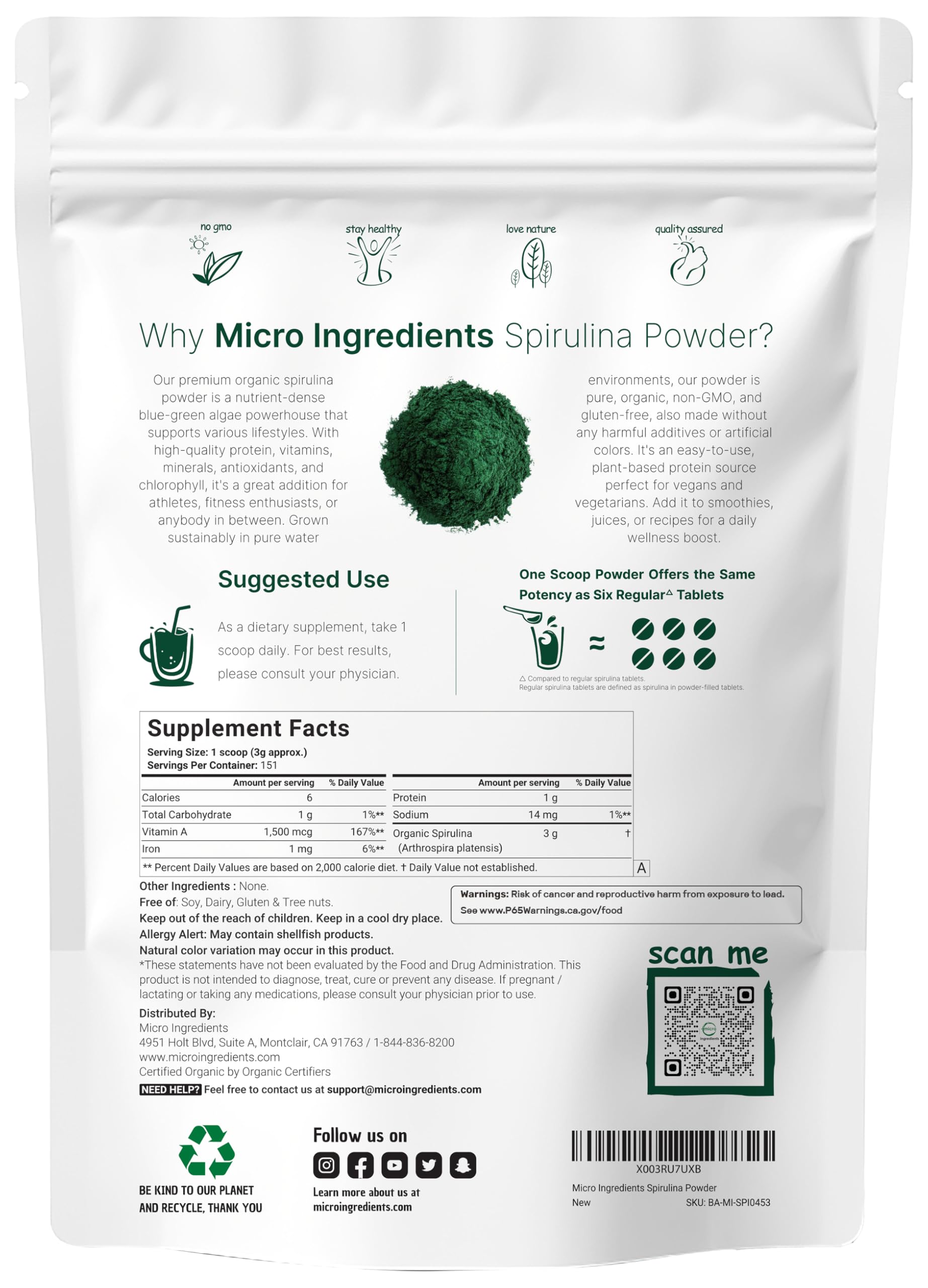 Micro Ingredients Organic Spirulina Powder, 1lb | Blue-Green Algae, Rich in Vegan Protein, Vitamins & Minerals | Source of Natural Chlorophyll & Enzymes | Non-GMO, Gluten-Free, No Additives