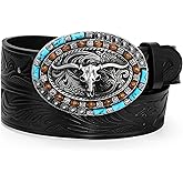 UpFind Western Leather Belt Cowboy Belt with Turquoise Buckle for Men Women Western Embossed Leather Belt for Jeans, Black, Fit Waist Size 32‘’-35‘’