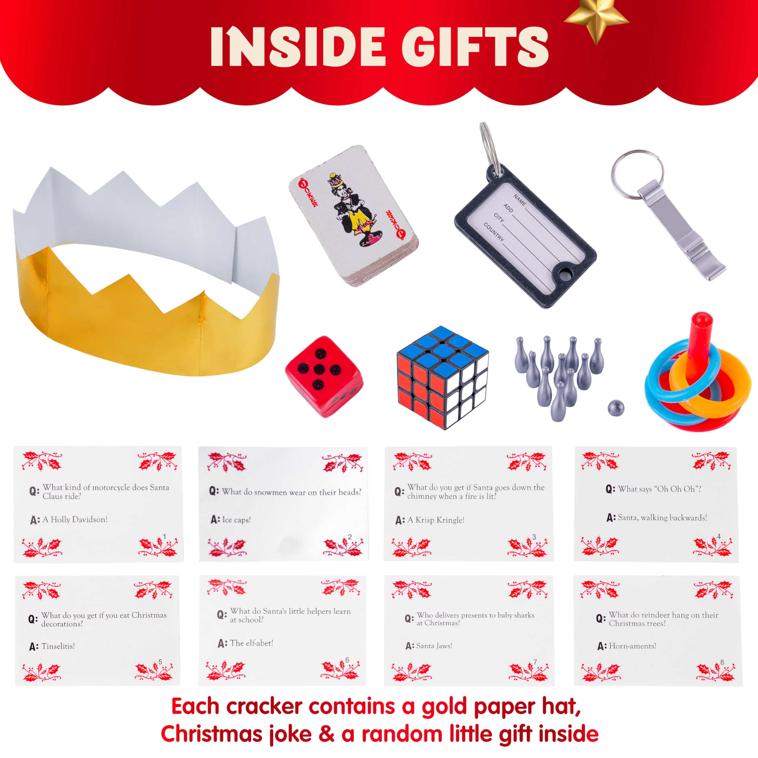 JOYIN 8 Pcs 10” Christmas Non-Snap Party Table Favor with Classic Design, with Party Hat, Joke & Little Gift Inside, for Xmas Gift, Christmas Seasonal Holiday Dinner Traditions