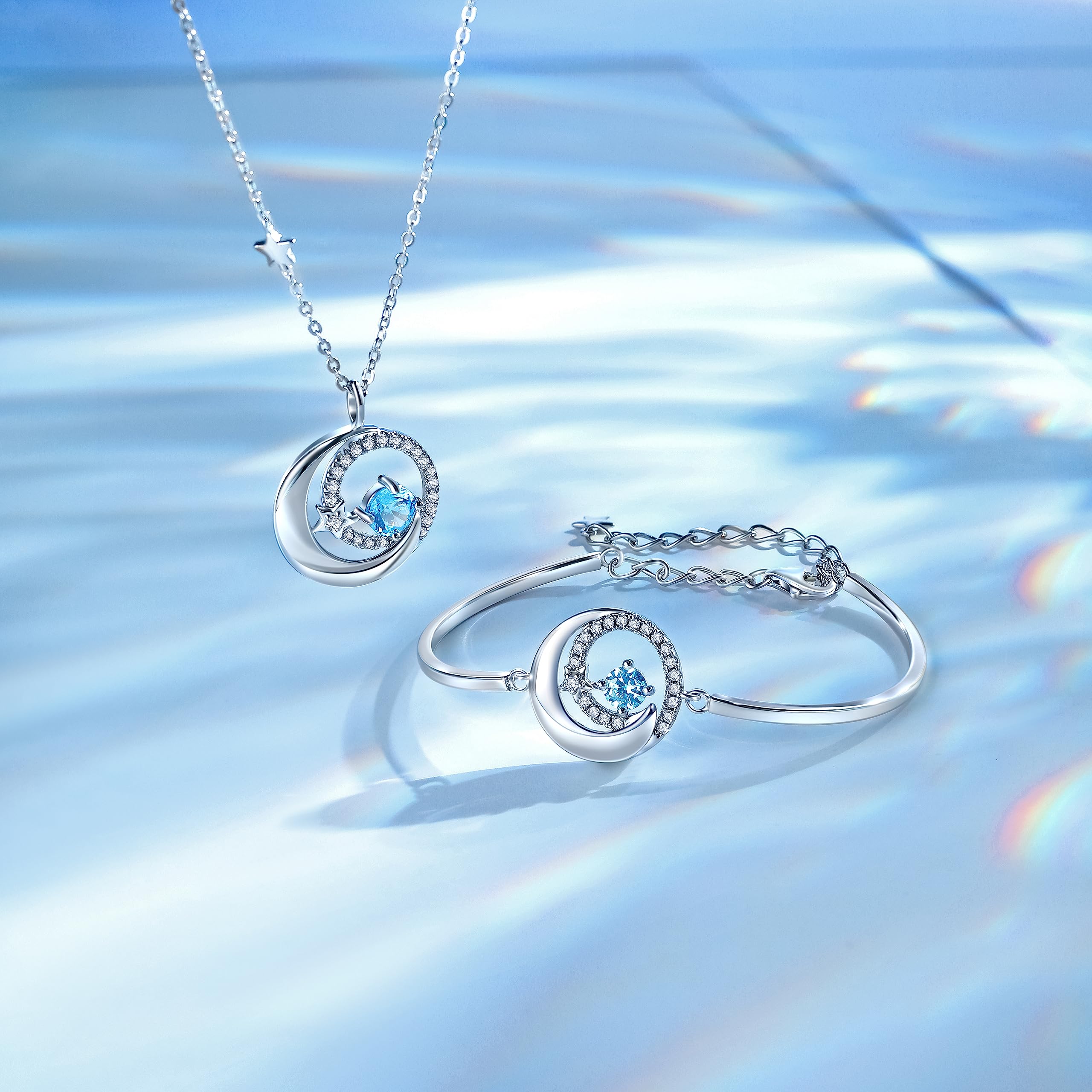 FANCIME Birthstone Necklaces 925 Sterling Silver Moon and Star Pendant Fine Jewelry Birthday Christmas Gifts for Mom Wife Her Daughter, Adjustable Chain 16+2