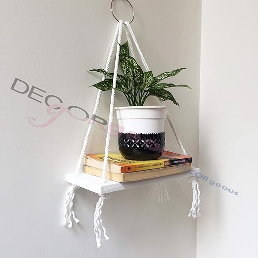 kppreal White Wood Hanging Shelf Bohemian Nordic Style Floating Swing