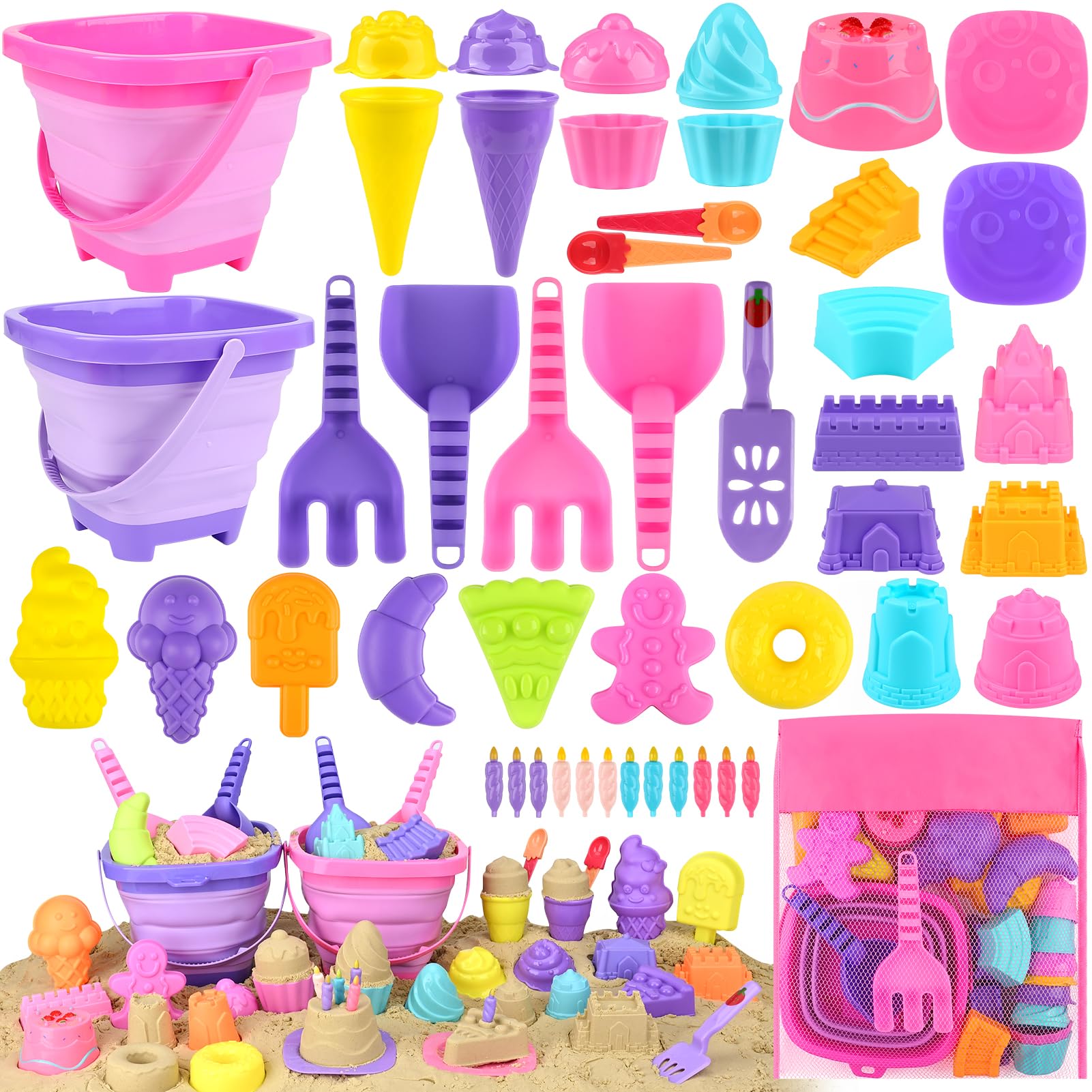 Joyreal 49 PCS Ice Cream Beach Toys - Sand Pit Toys with Collapsible Bucket and Spade Beach Set Kids with Shovel Tool Kits Storage Mesh Bag for Toddlers Boys Girls