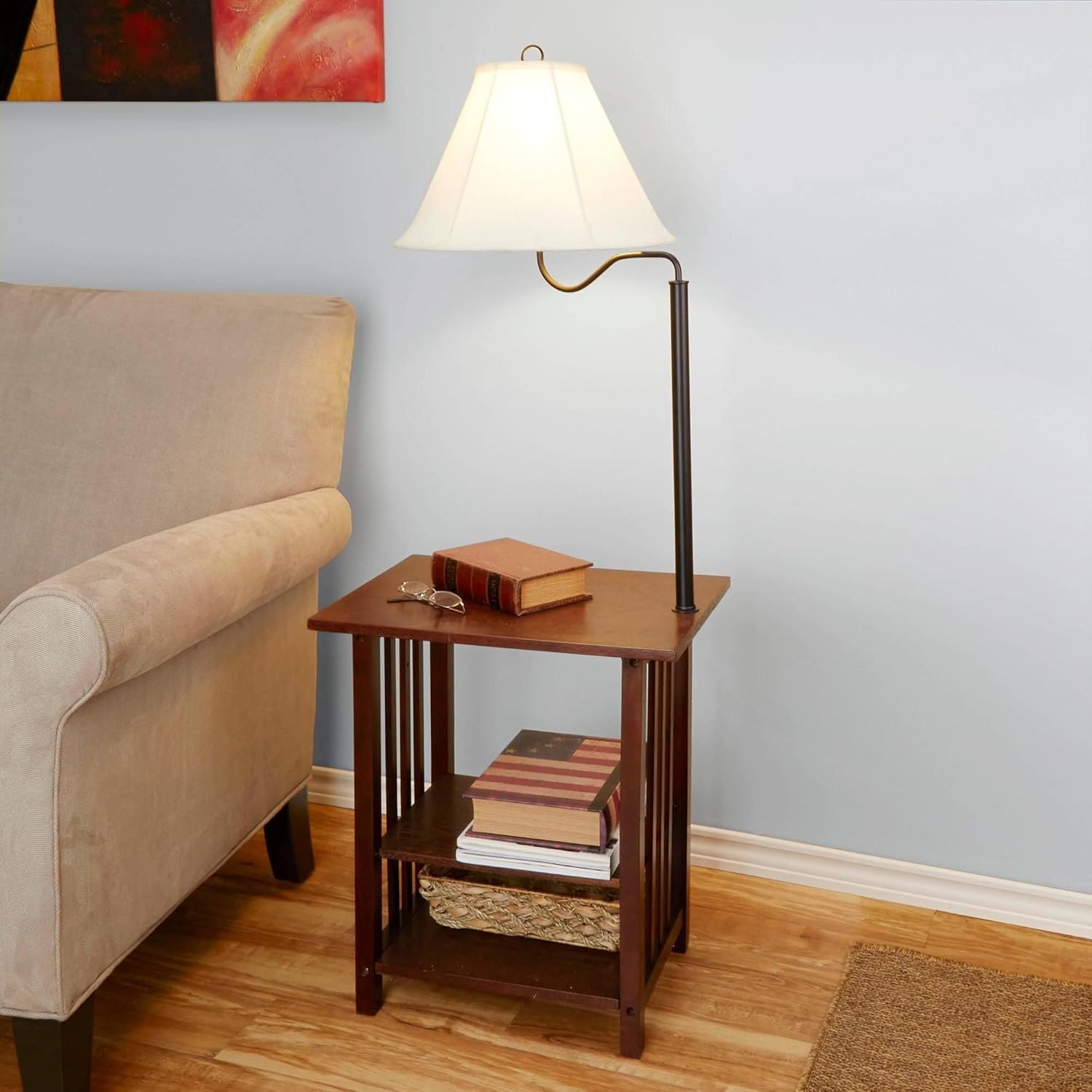 magazine table with lamp attached
