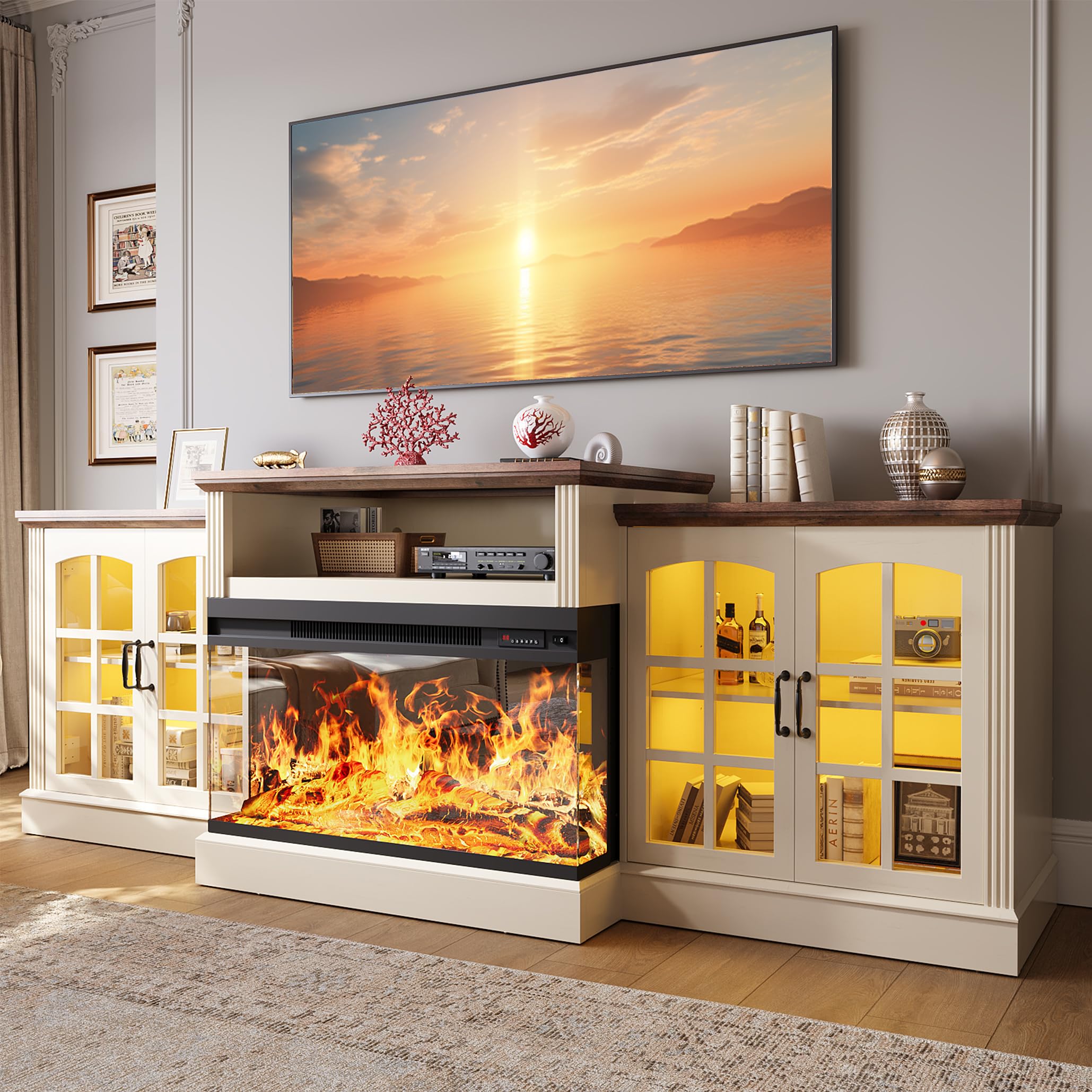 OneBlis 97" Fireplace TV Stand with 36" Electric Fireplace, Farmhouse Entertainment Center for TVs up to 100", Media Console Table with Large Storage Cabinets, for Living Room, Beige