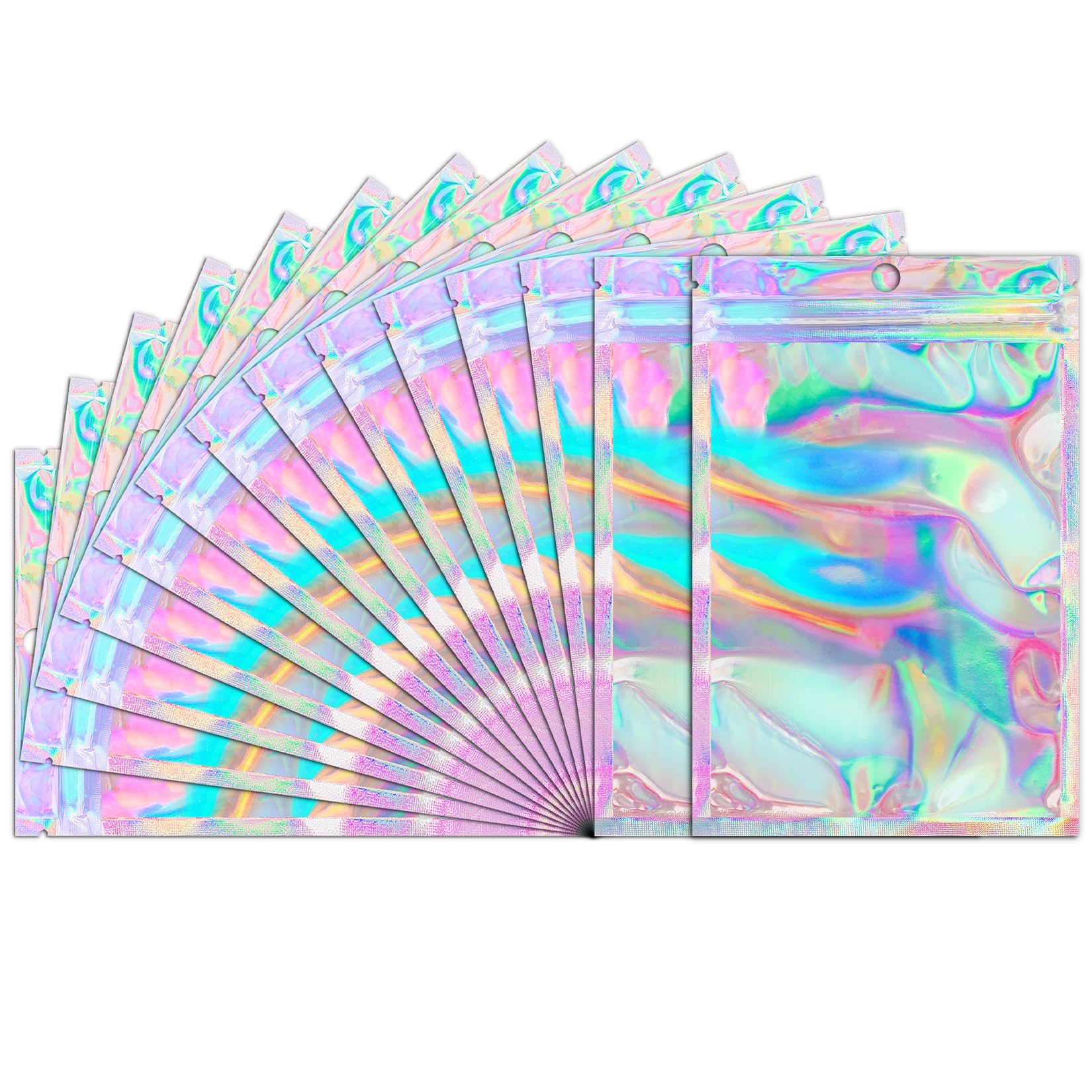 Photo 1 of Funfery 100 Pack Smell Proof Holographic Bags Clear Resealable Bags,Mylar Foil Bag with Zipper,Seal Pouch Packaging Bag for Food Storage,Candy,Party Favor Sample Business Supplies(2.4x3.9in)