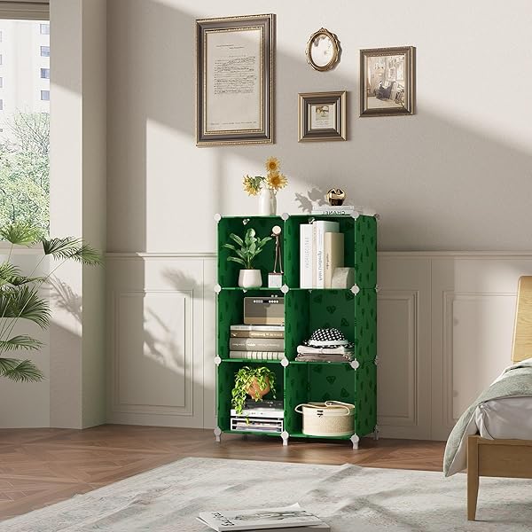 UNKU CUBE STORAGE ORGANIZER, 6 CUBE CLOSET ORGANIZER STORAGE SHELVES, DIY STACKABLE BOOKCASE, CLOTHES ORGANIZER SHELF FOR CLOSET, BEDROOM, LIVING ROOM, CABINET, HOME, OFFICE, GREEN