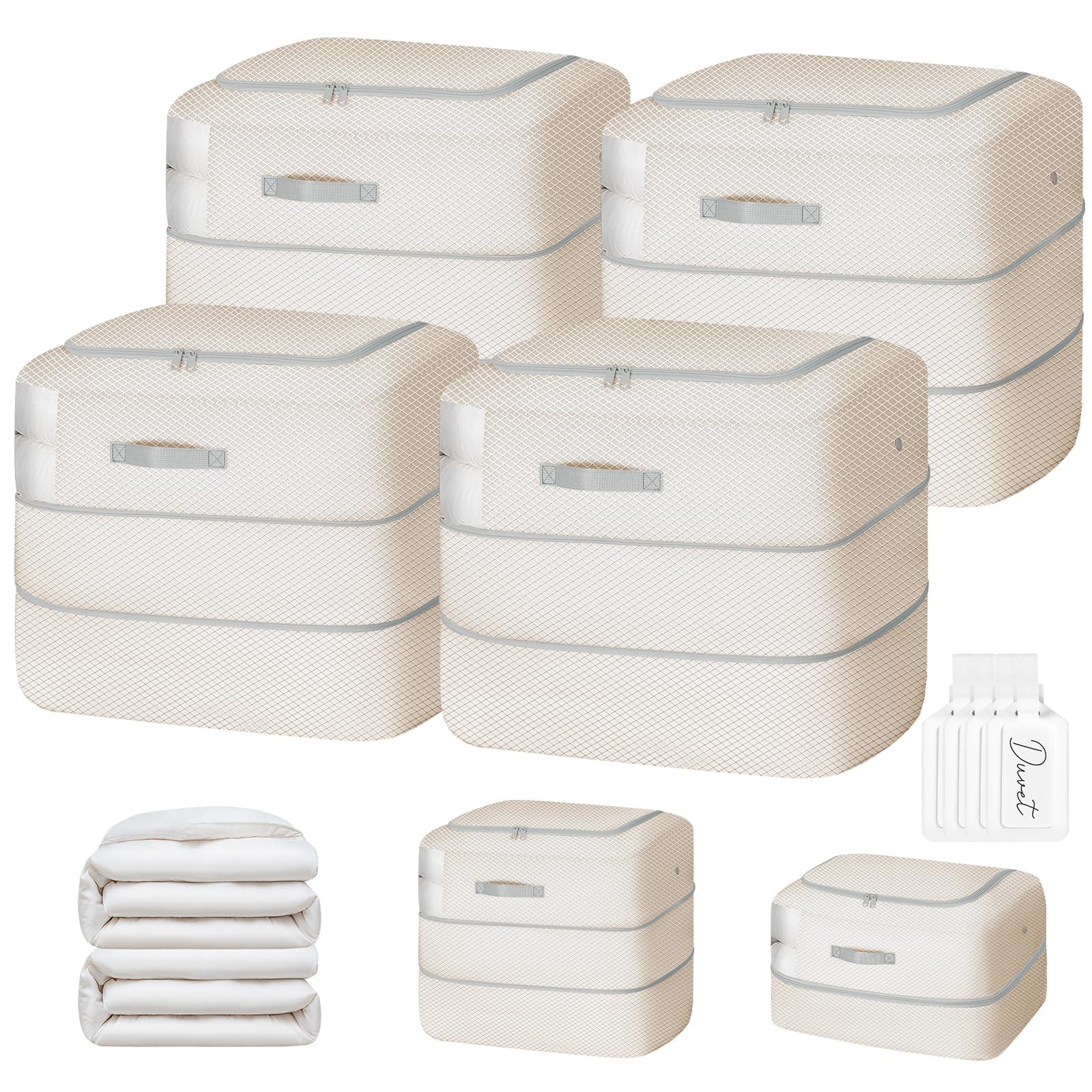 Easortm Comforter Storage Bag - 110L Large Capacity Blanket Storage Bags 2-Layer Ultra Space Saving Self Compression Organizer, Washable Compression Bags for Storage Comforter Blanket, 4-Pack, Beige Image