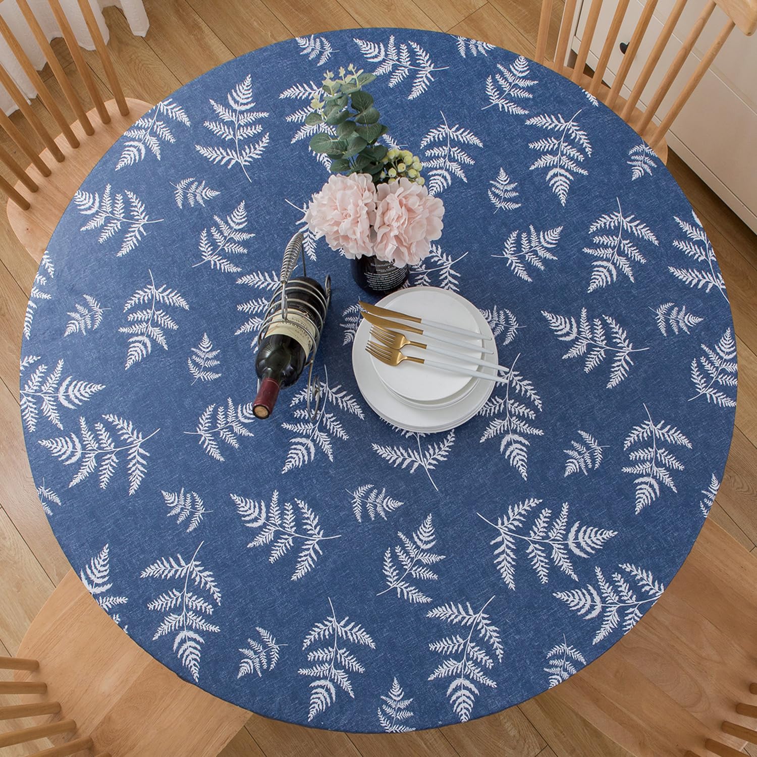 Photo 1 of Round Vinyl Fitted Tablecloth with Flannel Backing Elastic Table Cloth Waterproof Oil-Proof Plastic Cover- Fits Tables up to 27" - 31" Diameter