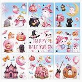 Xzentira Pink Halloween Window Clings 9 Sheets Cute Halloween Ghost Window Stickers Decoration Reusable Static Decals with Pumpkins Bats Witch Cat Halloween Decor for Kids Room Classroom Home Party