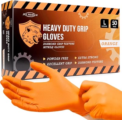 JFA Medical Large Orange Diamond Grip Nitrile Gloves Powder Free Latex Free 50