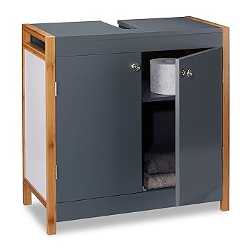 Relaxdays Waschbeckenunterschrank mit Bambusrahmen, verstellbarer Einlegeboden, Aussparung, HxBxT: 60 x 60 x 29 cm, grau