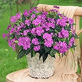 Uqueeten Fake Flowers Artificial Flowers for Outdoor,Artificial Impatiens Bouquet Flowers for Outdoors,Spring Flowers Artificial Impatiens Outdoor Silk Fake Flowers Indoor Decor 4PCS(Purple)