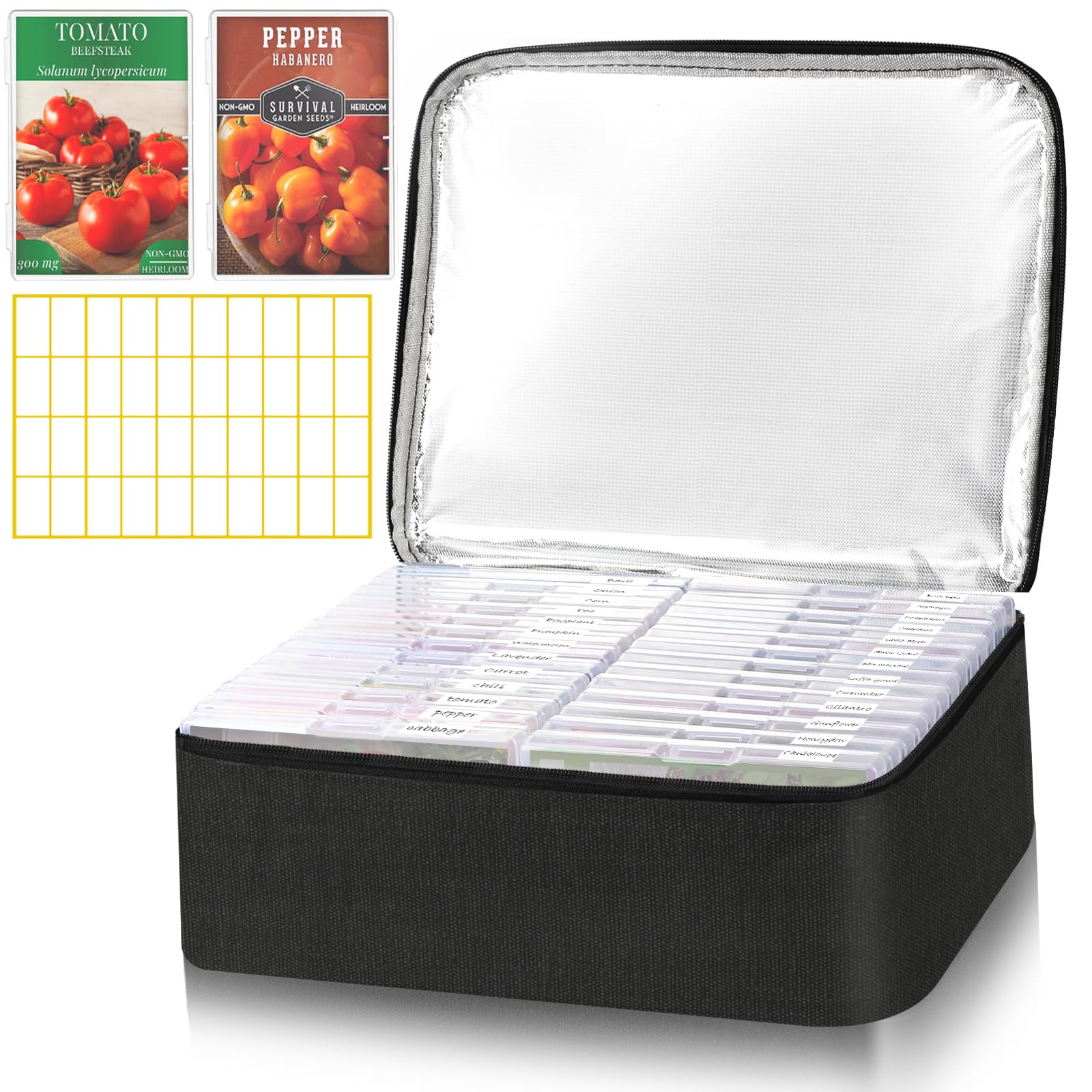 Photo 1 of 26 Slots Seed Storage Organizer Box with Insulated Bag That Holds 80-200 Seed Envelopes, Oxford Cloth Garden Seed Containers with Labels, Seed Packet Organizer for Plant, Flower ,Vegetable Seeds