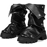 Celbreez Slouchy Boots for Women Fold Over Platform Boots Round Toe Pull On Leather Goth Boot Punk Mid Calf Chunky Stacked Heel 2025 Button Party Shoes Combat Motorcycle Boot