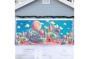 Mindsoft 16 x 7 ft Christmas Candy Land Garage Door Cover Decorations Extra Large Pastel Xmas Outdoor Door Banner Backdrop Colorful Lollipop Garage Cover for Christmas Eve Holiday Party Decor Supplies