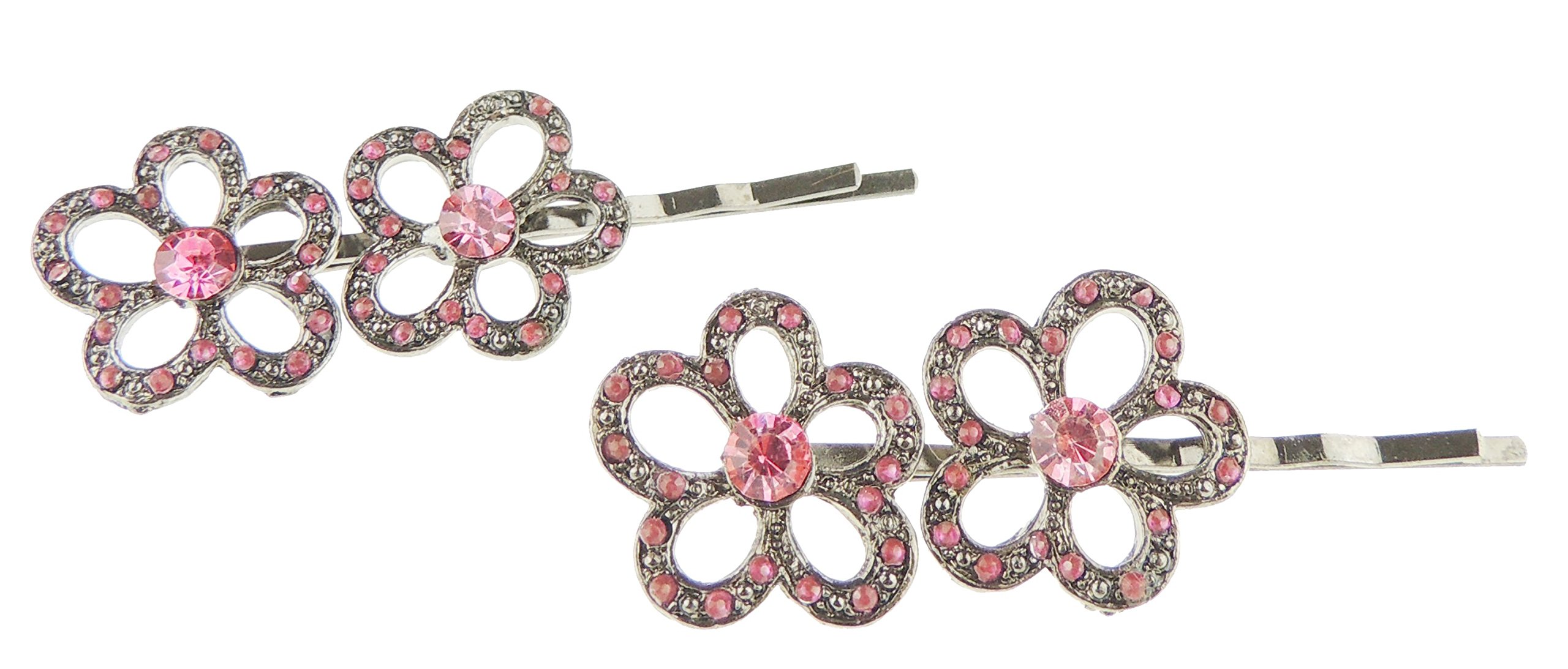 Womens Girls Bow Rhinestone Jeweled Crystal Diamante Party Birthday Christmas Bridal Wedding Accessories Slides Hairpin Hair Clips Grips Bobby Pins Set of 2 Daisy Flower Pink