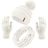 Aneco Womens Winter Warm Sets Knitted Fur Pompoms Beanie Hat Circle Loop Scarf Touch Screen Gloves Winter Favor Accessories