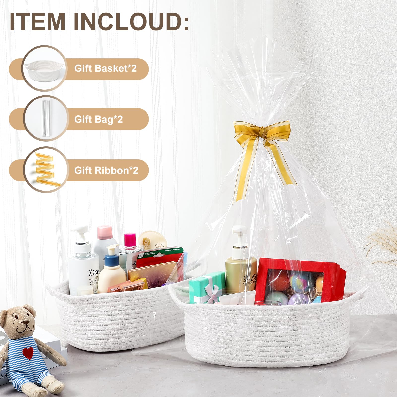 2 Pack Rectangle Woven Basket with Gift Bags and Ribbons, Empty Small Decorative Gift Chest Box, 12
