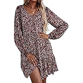 HOTOUCH Womens Casual A Line Dress V Neck Tiered Long Sleeve Fit Swing Dress with Pockets Loose Ruffled Dresses