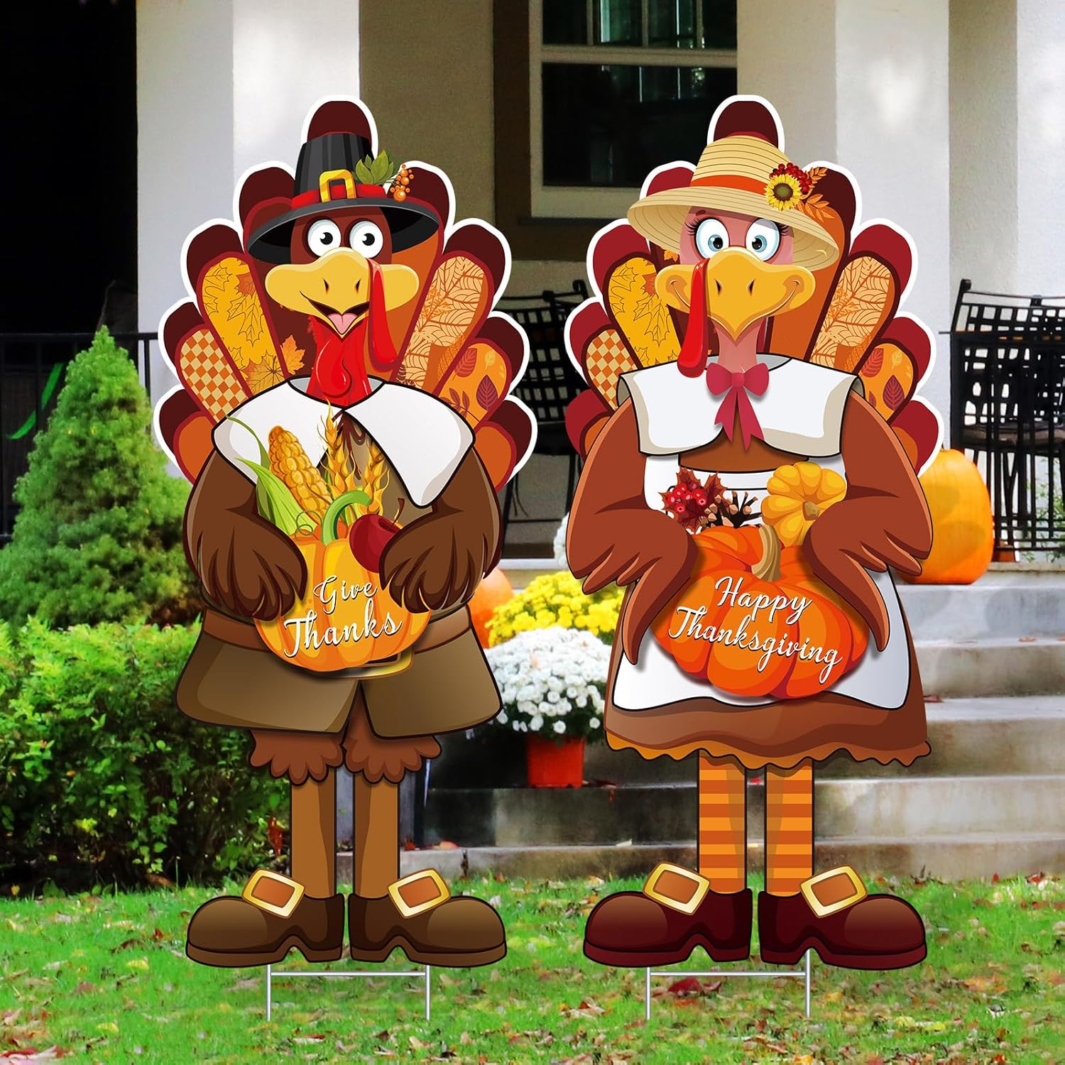 Yard Signs - Capoda Large Thanksgiving Turkey Yard Sign, Turkey Pumpkin Yard Sign Stake Happy Thanksgiving Lawn Sign with H Stand for Autumn Thanksgiving Harvest Party Outdoor Supplies Decoration, 29.3 x 12.6 Inch
