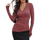 METHE & CIEL Women Long Sleeve V Neck Shirts Dressy Casual Asymmetrical Slim Fitted Ruched Fall Tops Trendy Tunic Blouse