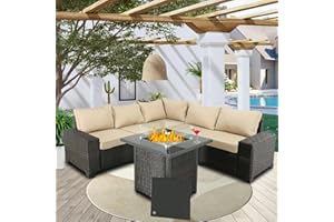 BPTD Outdoor Patio Furniture Set Balcony Furniture PE Rattan Wicker Outdoor Sectional with Washable Cushion and Fire Pit Table for Garden, Poolside, Balcony, Backyard (Brown-Beige)