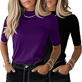 Ficerd 2 Pack Women's Mock Turtleneck T Shirts, Half Sleeve Business Casual Tunic Tops Slim Fit Summer Basic Dressy Tee Shirt