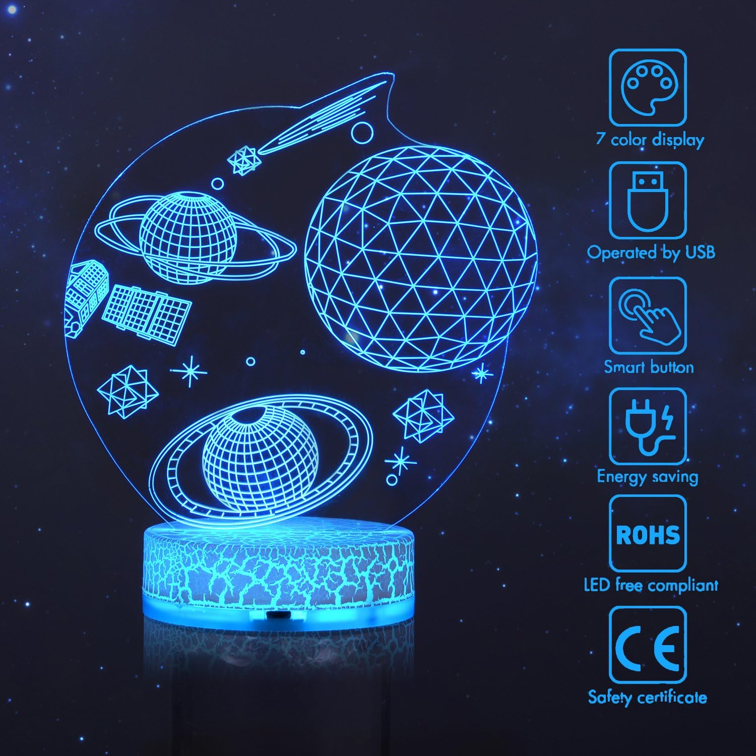 3D Lamp Table Night Light – Wpky 3D Illusion Lamp 7 Color Change LED Desk Light with Multicolored USB Power for Living Bed Room Bar Best Gift Toys (Universe World)