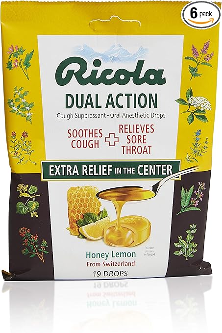Amazon Com Ricola Dual Action Honey Lemon Herbal Cough Suppressant Throat Drops 19ct Bag Pack Of 6 Health Personal Care