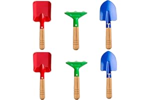 DELPHINUS Kids Gardening Tool Set, 6PCS Gardening Tools for Kids Metal with Sturdy Wooden Handle Safe Gardening Tools 8" Children Beach Sandbox Toy