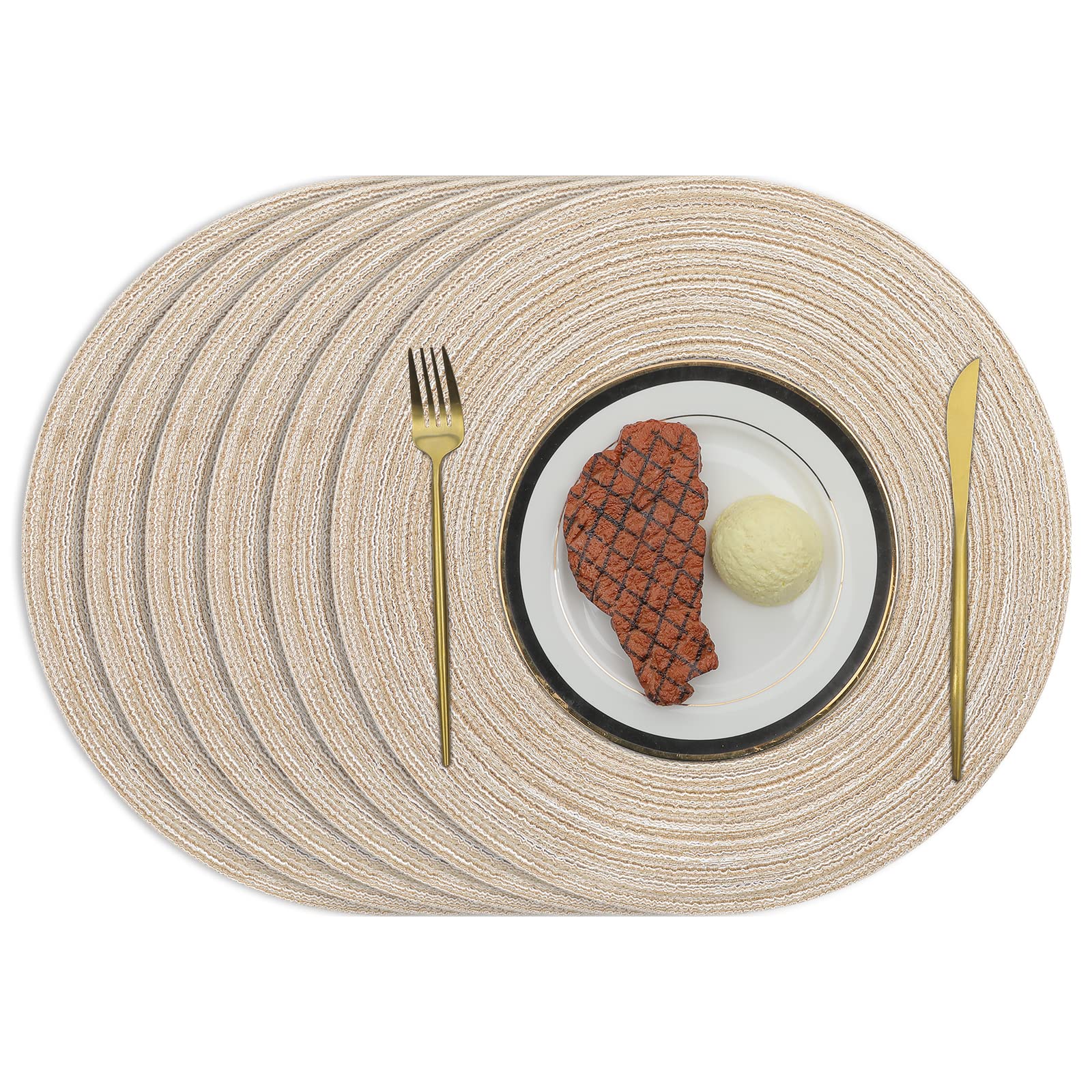 Pauwer 38cm Woven Round Placemats 6 Pieces Heat Insulation Non Slip Braided Cotton Dinner Table Mats Washable Durable Place Mats for Home Party Wedding Restaurant (Beige)