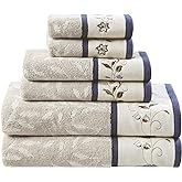 Madison Park Serene 100% Cotton Bath Towel Set Luxurious Floral Decorative Towels for Bathroom Embroidered Cotton Jacquard Design Soft Highly Absorbent for Shower 600 GSM, Multi-Sizes, Navy 6 Piece