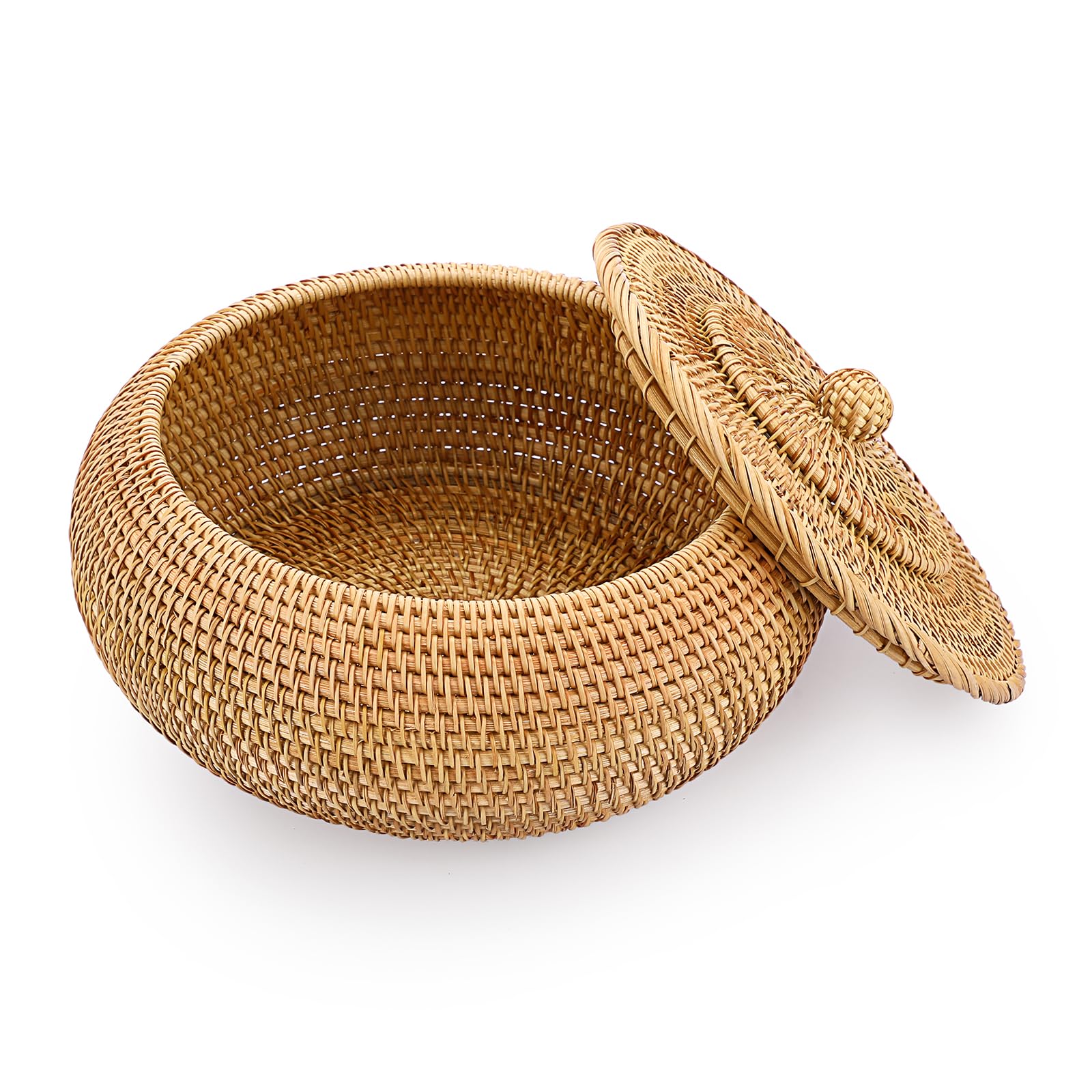 IGNPION Rattan Storage Basket with lid Table Decorative Storage Baskets for Shelf &Desktop Woven Kitchen Fruit Bread Basket Egg Holder Bowl(Large)