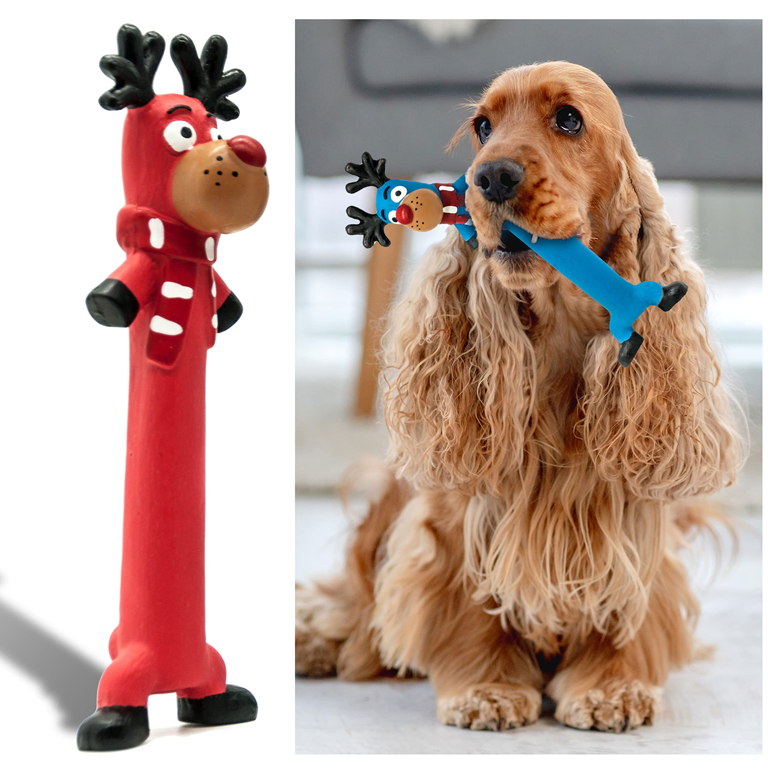 Petopedia 10 inches Long Squeaky Reindeer Rudolph Teething LATEX Puppy Toys - Fetch Interactive Dog Gifts for Boredom – Small & Medium Dogs Presents (Red, Rudolph)