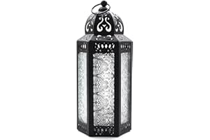 CVHOMEDECO. Decorative Candle Lantern Moroccan Lanterns Vintage Black Metal Lantern Holder for Home Patio Outdoor Decor. Clear Glass, Medium