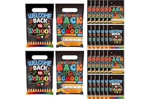 Tiangrid 48 Pieces Welcome Back to School Plastic Gift Bags First Day of School Treat Bags Colorful Pencils and Bus Favors Party with Handle for Party Decor