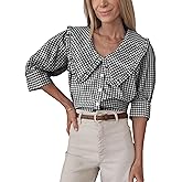 Daacee Women’s Plaid Blouse Oversized Ruffle Collar V Neck Puff Sleeve Button Down Plaid Shirts Trendy Gingham Tops